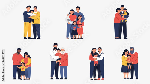 Diverse Families United in Hugs: Parents and Children Together in Vector Art