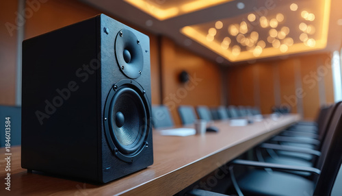 Black speaker sits on wooden table in empty conference room. Rows of chairs face long boardroom table. Bright lights overhead illuminate room.
