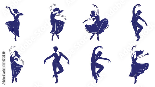 Set of Eight Diverse Silhouettes of Dancers Performing Various Ballet and Modern Moves