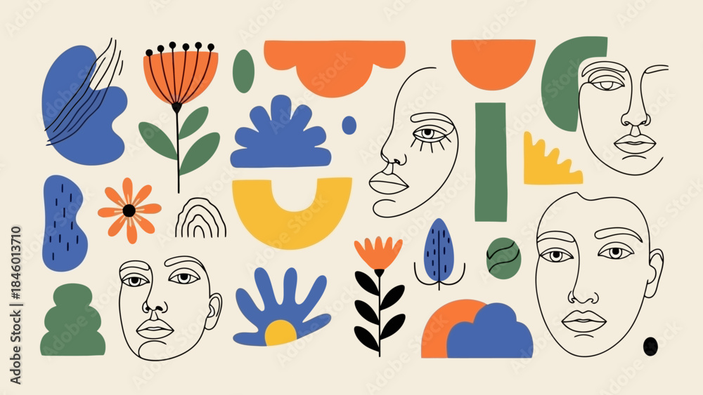 Fototapeta premium Abstract Minimalist Faces and Organic Shapes in a Muted Color Palette