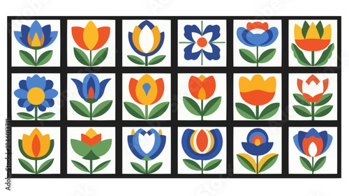 Set of Decorative Folk Art Flowers in Geometric Frames, Vector Illustrations