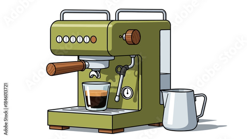 Olive Green Espresso Machine with Shot Glass and Milk Pitcher Vector Illustration