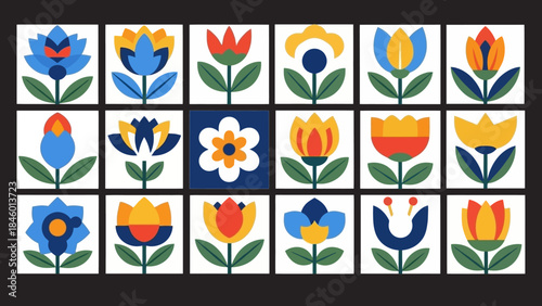 Set of Colorful Stylized Floral Illustrations in a Grid Pattern
