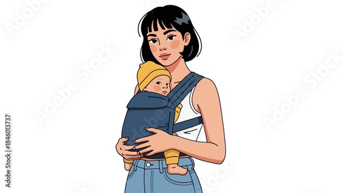 Modern Woman Carrying Baby in Front Carrier, Stylish Parent-Child Bonding Illustration