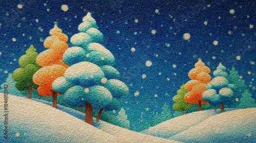 Colorful, stylized winter landscape with snow-covered trees and falling snowflakes.