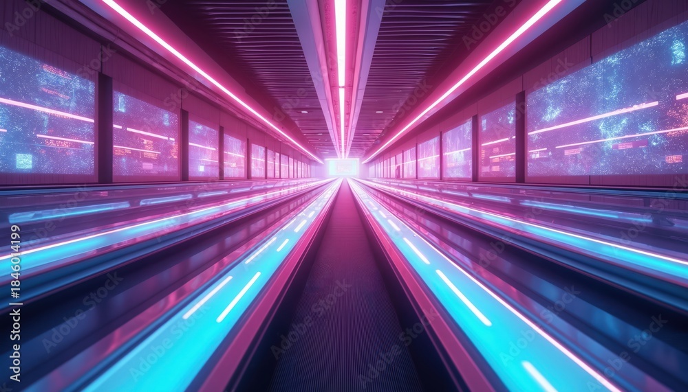 Fototapeta premium Futuristic airport moving walkway. Bright neon lights in pink and blue colors illuminate corridor. Digital screens display abstract patterns. Fast travel in modern terminal.