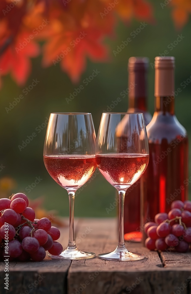Fototapeta premium Two glasses filled with pink wine sit on rustic wooden table. Bunches of red grapes, two wine bottles surround glasses. Red autumn leaves hang in blurred background, creating cozy, romantic setting.