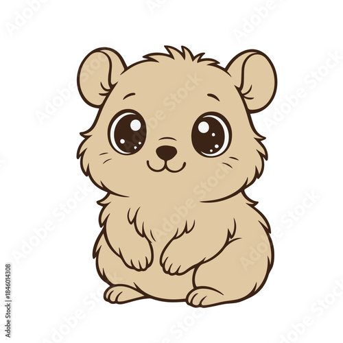 A cute vector illustration shows a chubby puppy with tiny paws and round cheeks smiling sweetly in a playful pose, using soft lines and simple shapes to create a warm, joyful, childlike mood