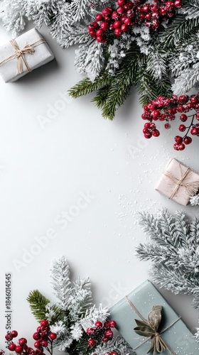 A festive arrangement featuring frosted greenery, red berries, and elegantly wrapped gifts, evoking a winter holiday spirit.