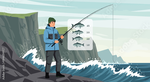 Man Standing on Cliff Edge Fishing.