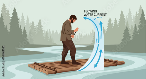 Man Standing on Raft in Water.