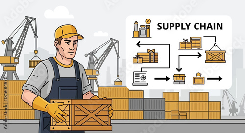Warehouse Worker Holding Wooden Crate Supply Chain.