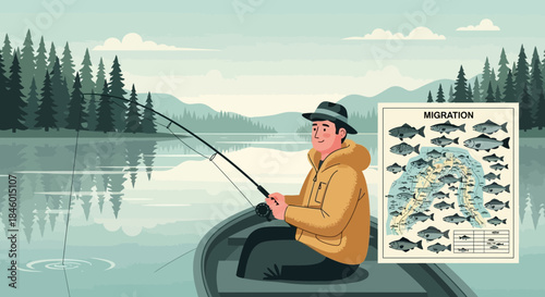 Man Fishing from a Small Boat.