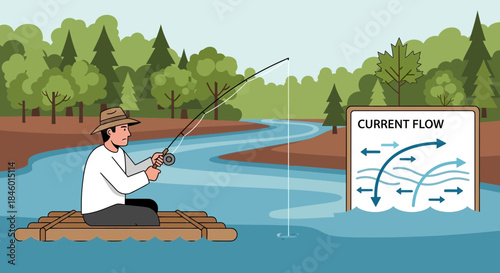 Man Fishing from a Raft on River.