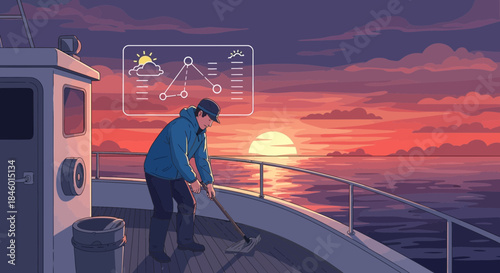 Man Fishing on Boat Deck at Sunset.