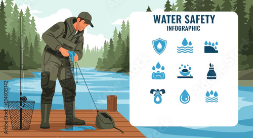 Man Fishing on Dock with Infographic.