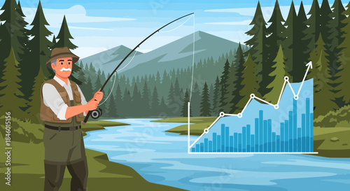 Man Fishing with Financial Graph Overlay.