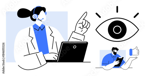 Customer service, digital tools, communication, online assistance, technology guidance, remote work. A woman with a headset, a large eye symbol and a man using a tablet. Customer service and digital