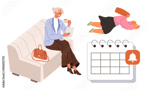 Elderly woman reading on sofa, child playing on floor, calendar with reminder notification. Ideal for productivity, parenting, planning, multitasking, balance, time management simple flat metaphor