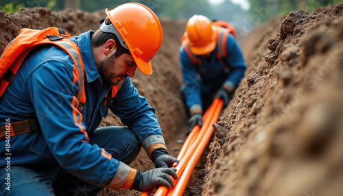 Construction workers install orange fiber optic internet cables underground in trench. Men in hard hats and safety vests lay conduit for new communication infrastructure in city development project.