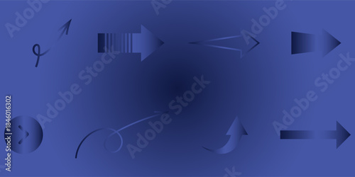 A collection of blue arrow icons on a dark background. Various arrow designs, including curved, straight, and directional arrows. Blue arrows in multiple styles. Element vector set.
