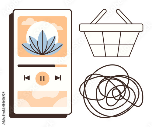 Smartphone with meditation playlist, wire tangle, and shopping basket portraying tech, e-commerce, and mental clarity. Ideal for digital stress, organization, focus, meditation tech balance