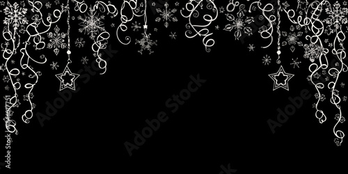 Delicate white snowflakes and stars adorn a dark empty background
