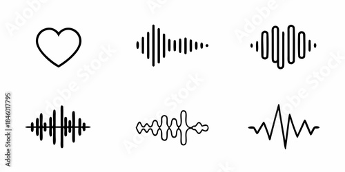 A collection of various black line art icons including a heart and waveforms