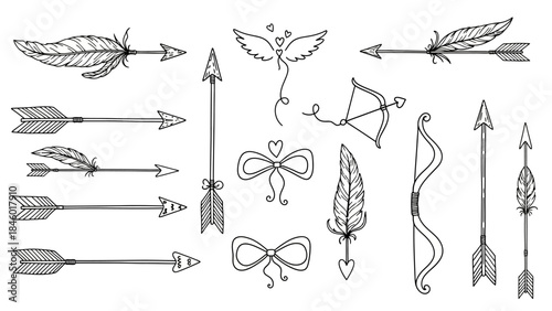 Vintage arrow and bow illustrations with feathers and hearts