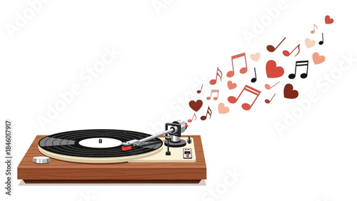 Vinyl record player with music notes and hearts emerging