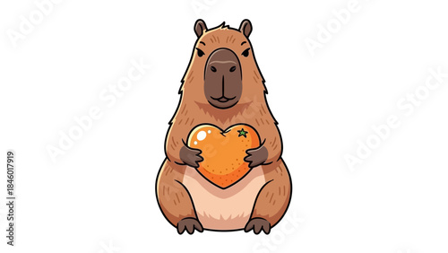 Cute capybara holding orange heart with star