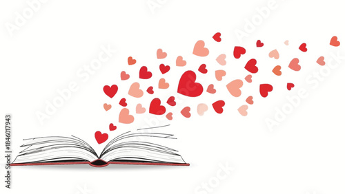 Open book with hearts flying out, symbolizing love and literature