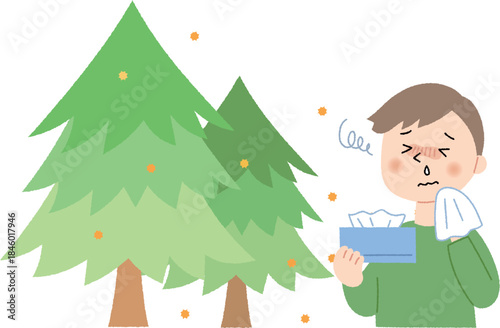 花粉を出す杉の木と鼻水が出る男性