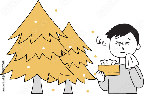 花粉を出す杉の木と鼻水が出る男性単色