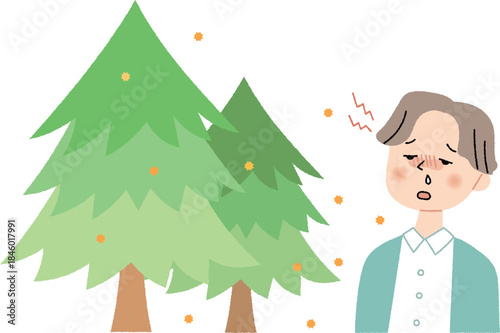 花粉を飛ばす杉の木と頭痛がする男性