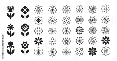 Various flower icons black glyphs and outlines garden blooming floral plants with stems and leaves