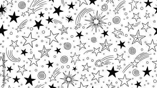 Seamless star pattern illustration with shooting stars, cosmic doodles, swirling elements, celestial background, decorative night sky vector design for creative projects