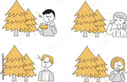 花粉を出す杉の木と花粉症の人セット単色