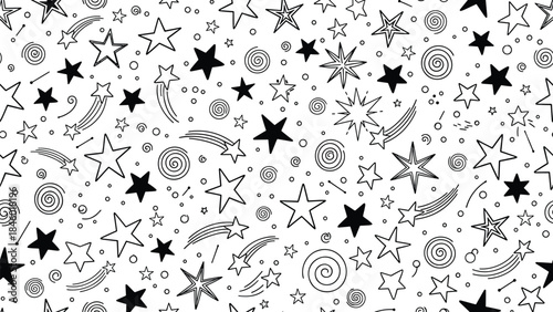 Seamless star pattern illustration with shooting stars, spirals, doodles, cosmic elements, whimsical celestial background design, decorative fantasy vector art for creative projects