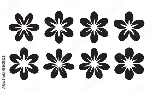 Set of simple six-petal flower icons. a collection of identical floral shapes for repetitive patterns