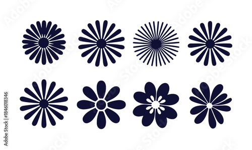 Minimalist flower icons set. collection of simple floral graphic elements in dark blue color