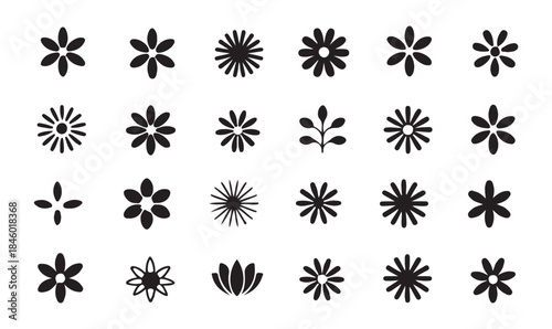 Minimalist black flower icons set. collection of simple floral graphic elements on white background