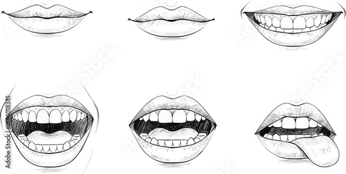 Hand-drawn mouth expressions, sketch lips, teeth and tongue illustrations, expressive lip drawings, detailed facial feature art for design, comics, animation