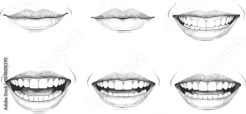 Hand-drawn mouth and smile illustration set featuring expressive lips, teeth variations, and realistic emotional expressions for portraits, design projects, and graphic,