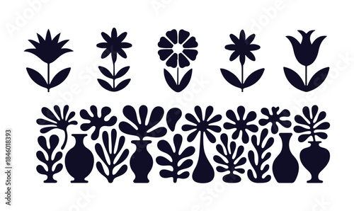 Abstract floral set flat design style modern flowers plants and vases isolated white background