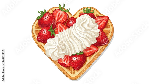 Delicious heart shaped waffle with fresh strawberries and whipped cream