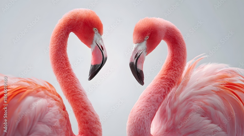 Obraz premium Two vibrant pink wading birds stand close together with gracefully curved necks