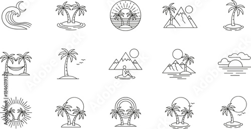Tropical island line art vector set featuring palm trees, waves, mountains, sunsets, minimalist vacation scenes, ideal for travel, branding, and creative design projects.
