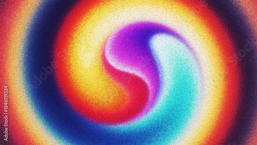 Colorful spiral gradient background with expressive grainy texture and visible film noise created from thousands of individual dots. Circular motion with visual energy and creativity for digital art