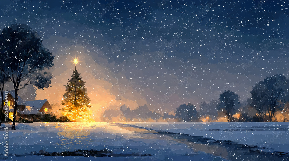 Fototapeta premium Snow-covered landscape with a decorated Christmas tree under a starry night sky.